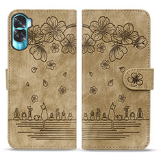 Custodia Portafoglio In Pelle Fiori Cover con Supporto HF2 per Huawei Honor 90 Lite 5G Marrone