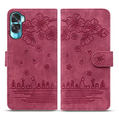 Custodia Portafoglio In Pelle Fiori Cover con Supporto HF2 per Huawei Honor 90 Lite 5G Rosso