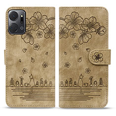 Custodia Portafoglio In Pelle Fiori Cover con Supporto HF2 per Huawei Honor X7a Marrone