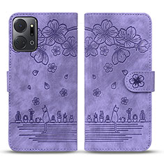 Custodia Portafoglio In Pelle Fiori Cover con Supporto HF2 per Huawei Honor X7a Viola