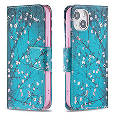 Custodia Portafoglio In Pelle Fiori Cover con Supporto L01 per Apple iPhone 15 Plus Ciano