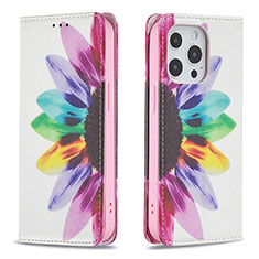 Custodia Portafoglio In Pelle Fiori Cover con Supporto L01 per Apple iPhone 15 Pro Max Rosa