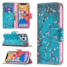 Custodia Portafoglio In Pelle Fiori Cover con Supporto L02 per Apple iPhone 13 Pro Ciano