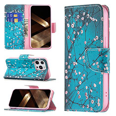 Custodia Portafoglio In Pelle Fiori Cover con Supporto L02 per Apple iPhone 14 Pro Max Ciano