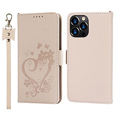 Custodia Portafoglio In Pelle Fiori Cover con Supporto L16 per Apple iPhone 15 Pro Oro Rosa