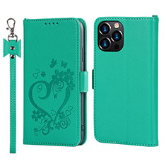 Custodia Portafoglio In Pelle Fiori Cover con Supporto L16 per Apple iPhone 15 Pro Verde