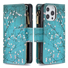 Custodia Portafoglio In Pelle Fiori Cover con Supporto per Apple iPhone 16 Pro Ciano