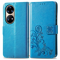 Custodia Portafoglio In Pelle Fiori Cover con Supporto per Huawei P50 Blu