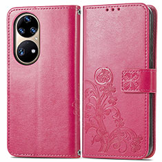 Custodia Portafoglio In Pelle Fiori Cover con Supporto per Huawei P50 Rosso