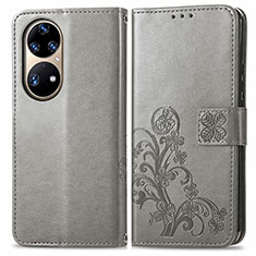 Custodia Portafoglio In Pelle Fiori Cover con Supporto per Huawei P50e Grigio