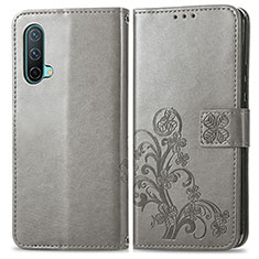 Custodia Portafoglio In Pelle Fiori Cover con Supporto per OnePlus Nord CE 5G Grigio