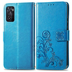 Custodia Portafoglio In Pelle Fiori Cover con Supporto per Oppo A55S 5G Blu