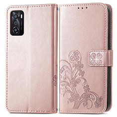 Custodia Portafoglio In Pelle Fiori Cover con Supporto per Oppo A55S 5G Rosa