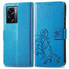 Custodia Portafoglio In Pelle Fiori Cover con Supporto per Oppo A56S 5G Blu