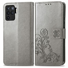 Custodia Portafoglio In Pelle Fiori Cover con Supporto per Oppo A94 4G Grigio