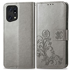 Custodia Portafoglio In Pelle Fiori Cover con Supporto per Oppo Find X5 Pro 5G Grigio