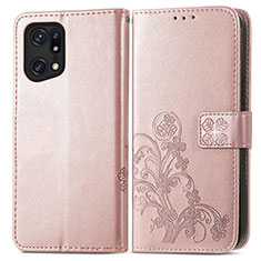 Custodia Portafoglio In Pelle Fiori Cover con Supporto per Oppo Find X5 Pro 5G Rosa