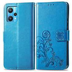 Custodia Portafoglio In Pelle Fiori Cover con Supporto per Realme 9 4G Blu