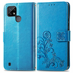 Custodia Portafoglio In Pelle Fiori Cover con Supporto per Realme C21 Blu