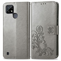 Custodia Portafoglio In Pelle Fiori Cover con Supporto per Realme C21Y Grigio