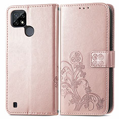 Custodia Portafoglio In Pelle Fiori Cover con Supporto per Realme C21Y Oro Rosa