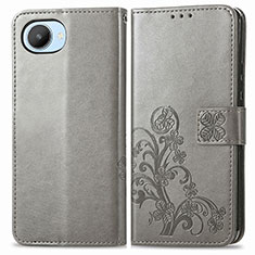 Custodia Portafoglio In Pelle Fiori Cover con Supporto per Realme C30 Grigio