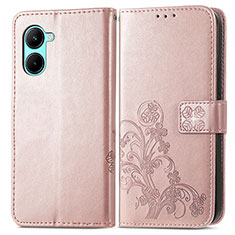 Custodia Portafoglio In Pelle Fiori Cover con Supporto per Realme C33 Oro Rosa