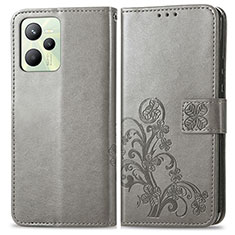 Custodia Portafoglio In Pelle Fiori Cover con Supporto per Realme C35 Grigio