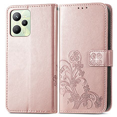 Custodia Portafoglio In Pelle Fiori Cover con Supporto per Realme C35 Oro Rosa