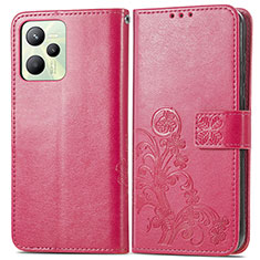 Custodia Portafoglio In Pelle Fiori Cover con Supporto per Realme C35 Rosa Caldo