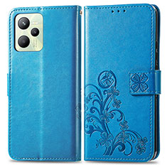 Custodia Portafoglio In Pelle Fiori Cover con Supporto per Realme Narzo 50A Prime Blu