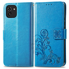 Custodia Portafoglio In Pelle Fiori Cover con Supporto per Samsung Galaxy A03 Blu