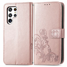 Custodia Portafoglio In Pelle Fiori Cover con Supporto per Samsung Galaxy S23 Ultra 5G Rosa