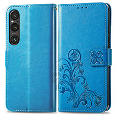 Custodia Portafoglio In Pelle Fiori Cover con Supporto per Sony Xperia 1 V Blu