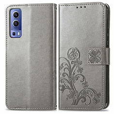 Custodia Portafoglio In Pelle Fiori Cover con Supporto per Vivo iQOO Z3 5G Grigio