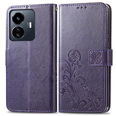 Custodia Portafoglio In Pelle Fiori Cover con Supporto per Vivo iQOO Z6 Lite 5G Viola