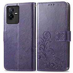 Custodia Portafoglio In Pelle Fiori Cover con Supporto per Vivo iQOO Z6x Viola