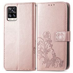 Custodia Portafoglio In Pelle Fiori Cover con Supporto per Vivo V20 (2021) Rosa