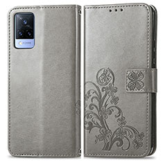 Custodia Portafoglio In Pelle Fiori Cover con Supporto per Vivo V21 5G Grigio