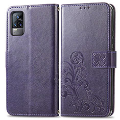 Custodia Portafoglio In Pelle Fiori Cover con Supporto per Vivo V21e 4G Viola