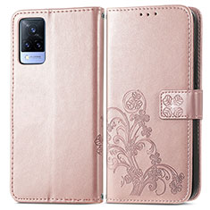 Custodia Portafoglio In Pelle Fiori Cover con Supporto per Vivo V21s 5G Rosa