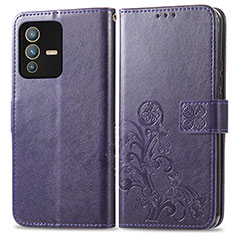 Custodia Portafoglio In Pelle Fiori Cover con Supporto per Vivo V23 5G Viola