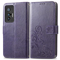 Custodia Portafoglio In Pelle Fiori Cover con Supporto per Vivo X70t Viola