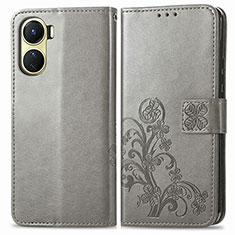 Custodia Portafoglio In Pelle Fiori Cover con Supporto per Vivo Y02S Grigio