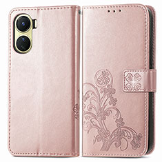 Custodia Portafoglio In Pelle Fiori Cover con Supporto per Vivo Y02S Rosa