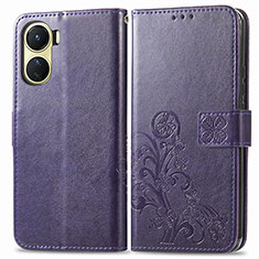 Custodia Portafoglio In Pelle Fiori Cover con Supporto per Vivo Y02S Viola