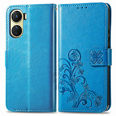 Custodia Portafoglio In Pelle Fiori Cover con Supporto per Vivo Y16 Blu