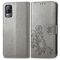 Custodia Portafoglio In Pelle Fiori Cover con Supporto per Vivo Y73 (2021) Grigio