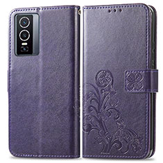 Custodia Portafoglio In Pelle Fiori Cover con Supporto per Vivo Y76 5G Viola