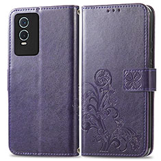 Custodia Portafoglio In Pelle Fiori Cover con Supporto per Vivo Y76s 5G Viola